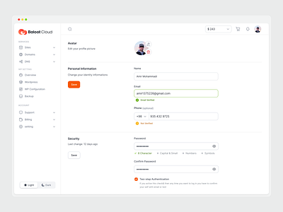 Baloot PaaS Dashboard Profile avatar cloud dark mode darkmode dashboard grid hosting paas panel profile responsive saas