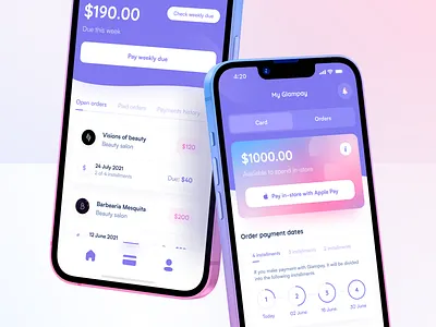 Glampay. Mobile app to pay for beauty services beauty buy now pay later card design finance interaction mobile ui ux
