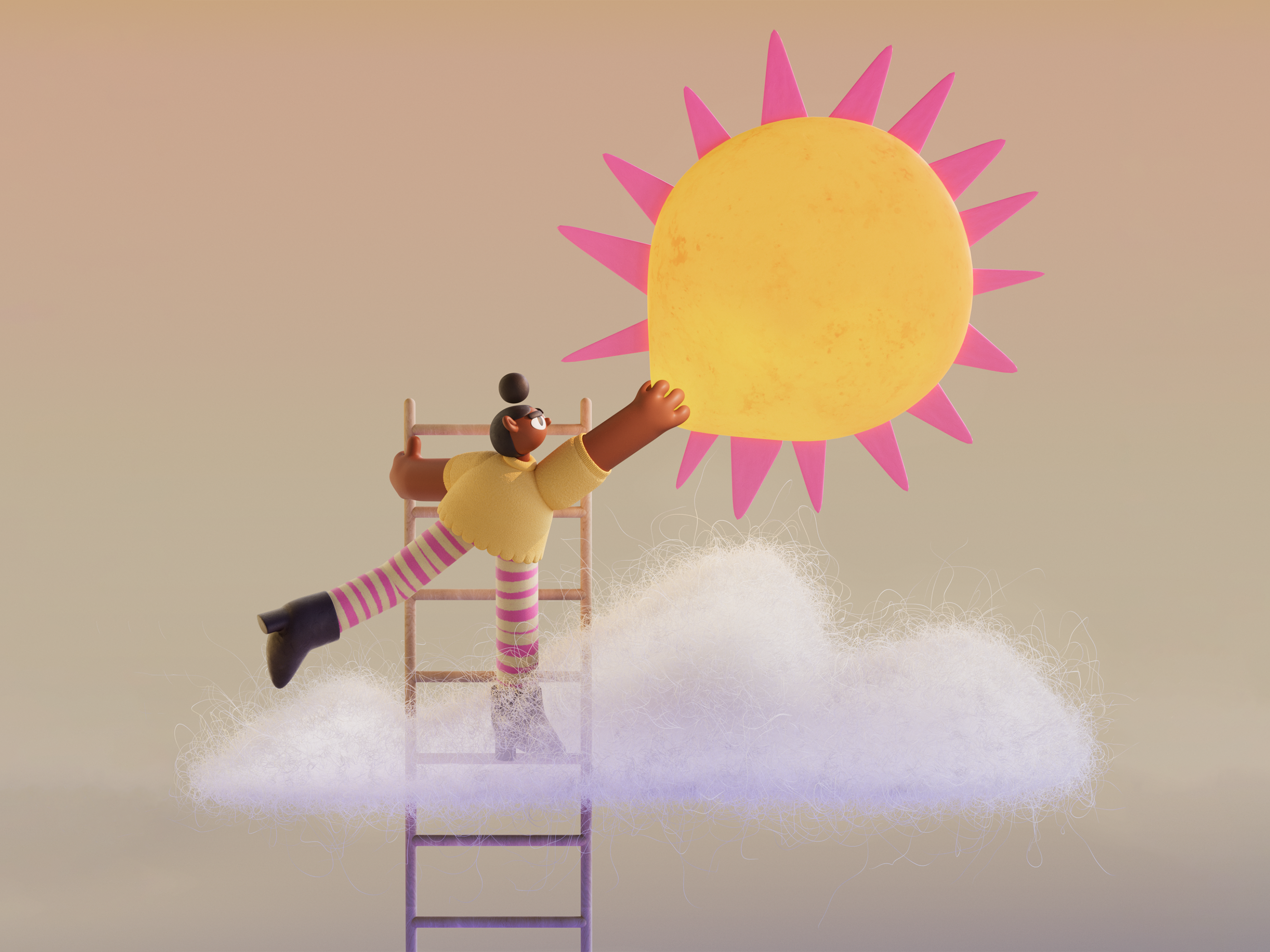 Gotcha 🌞 3d blender character characterdesign cinema4d cloud design fur hair illustration ladder neutral pink redshift shapes stripes sun texture weather yellow