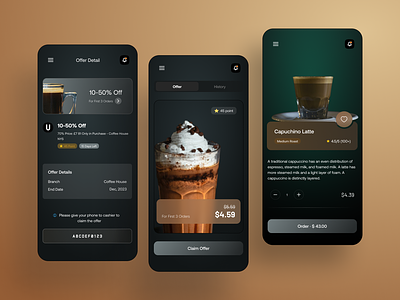 Coffee Shop - Mobile Design Concept app design cafe coffee shop concept cup daily ui darkmode darktheme mobile design offer product design ui ux voucher