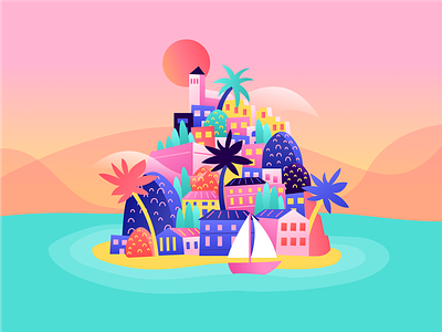 Meilibiza boat castle colors graphic design ibiza illustration island palmtree sailing sea sunrise sunset