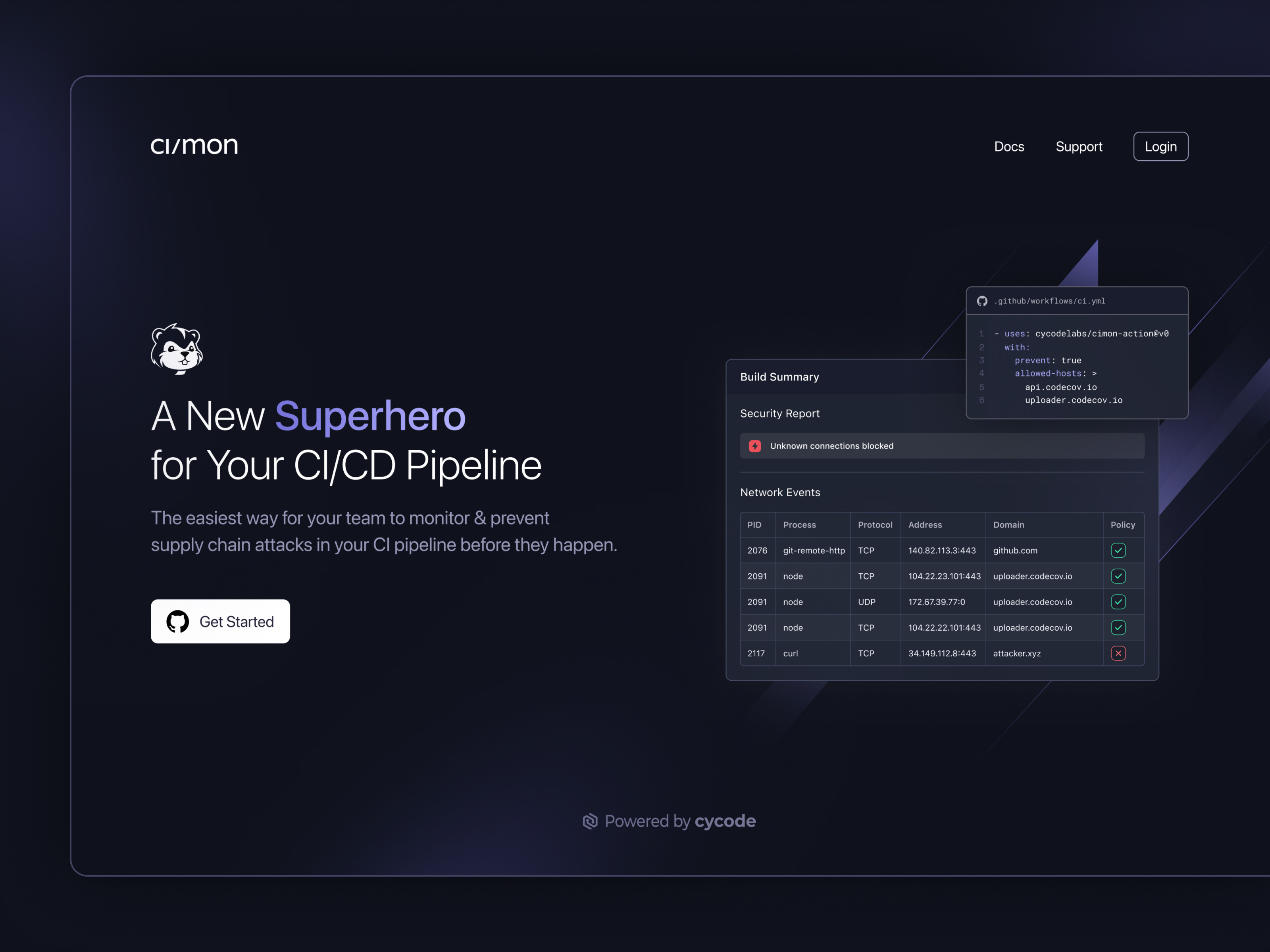 Dark theme Landing Page alert code cyber cycode dark design system dev devops github homepage landing page notification onboarding powered by purple report ui ux warning website
