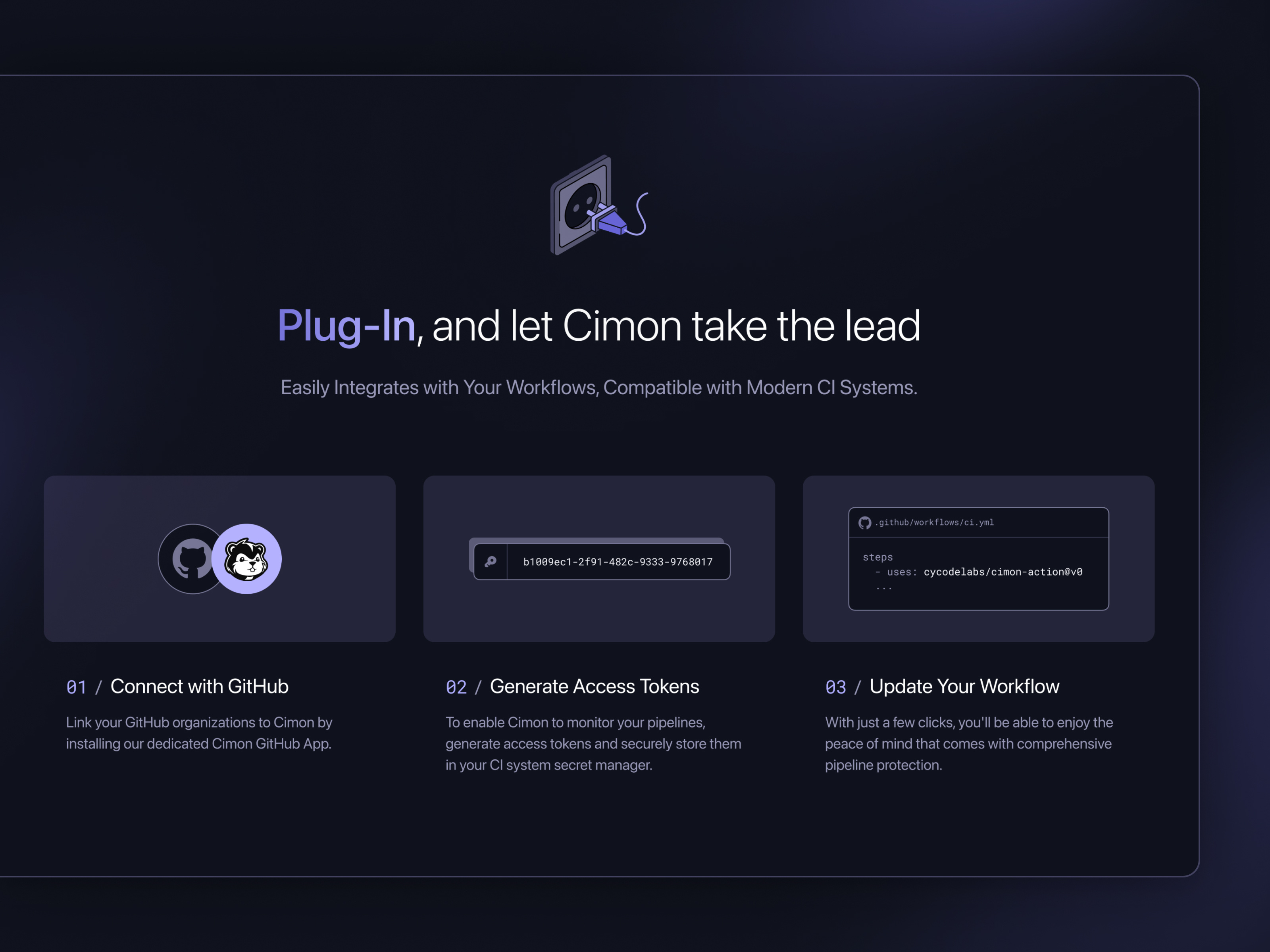 How it Works alert app icon code component connect cyber dark design system development devops get started github icon illustration landing page onboarding security steps ui ux