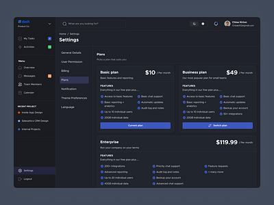 Settings page- Dash's Design System [Plans] Dark mode branding cards dashbaord design layout mobile payment plans setting table ui uidesign user inteface web