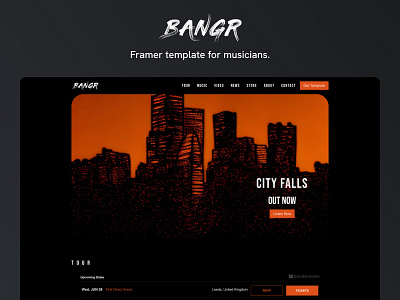 Bangr - Framer Template band concert dark mode framer home page landing landing page music musician responsive design template ui design web design website