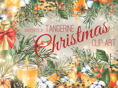 Tangerine Christmas watercolor clip art. winter