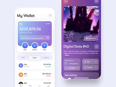 NFT & Crypto Wallet App app apple bitcoin blockchain crypto design ethereum finance interface ios mobile design money nft opensea product design purple rarible ui ux wallet
