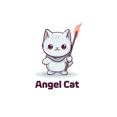 cartoon white angel cat carrying a cane. logo mascot vector illu style tattoos