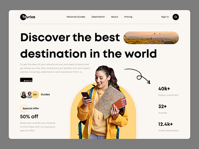 Touriza - Travel Agency website landing page design destination discover figma home page illustration landing page light logo online theme travel typography ui ux web web page website world