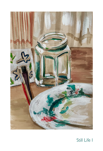 Still Life I brushes curtains gouache illustration pot still life