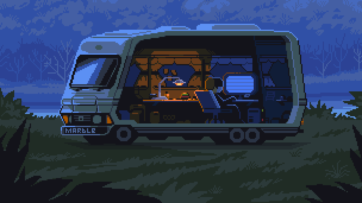 Working remote in the woods 8bit aesthetic bluehour camping freelance illustration minivan pixelart retro van working