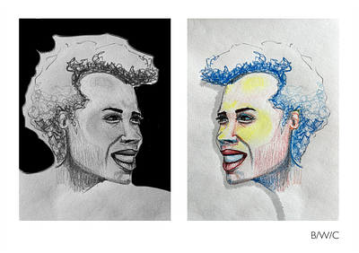 B/W/C blue crayon illustration people smile woman yellow