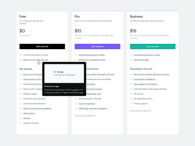 Redesigned Pricing Cards & Tips - Fireflies ai cards clean dm sans info tip meeting pricing pricing page purple teal tool tip ui ux web web design web page website