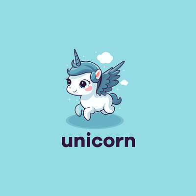 cartoon cute adorable white unicorn with blue wings flying blue tattoos