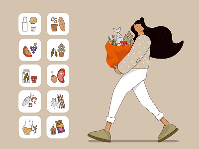 Illustration of a girl and an icons for a grocery store design graphic design icons illustration ui ux vector
