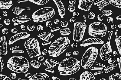 Seamless Fast Food Wallpaper / Background black white fast food french fries fried chicken graphic design hamburger seamless seamless background seamless wallpaper soft drink wallpaper