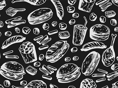 Seamless Fast Food Wallpaper / Background black white fast food french fries fried chicken graphic design hamburger seamless seamless background seamless wallpaper soft drink wallpaper