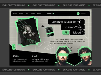 ( Music - X ) , Music Streaming website design branding broadcast clean dark mode design studio graphic design herosection home page landing paage latest logo minimal modern music music player music website spotify streaming ui web design