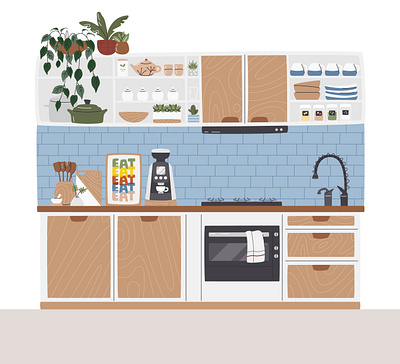 Kitchen set adobe illustrator colorful cooking flat design graphic design home design home interior houseplant indoor inside interior kitchen interior kitchen set kitchenware mid century modern style plant utensils vector vector illustration wall art