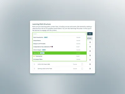 Learning Path Editor add to list dropdown list builder ui