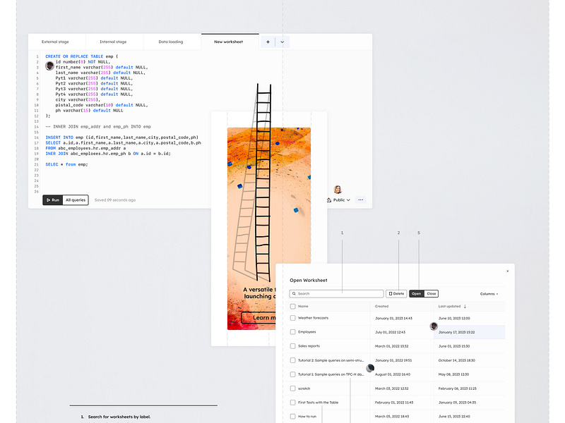 Saving and managing worksheets ❄️ Snowflake Worksheets UI web design