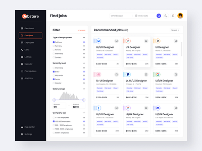 Jobstore | Job serach Dashboard Design app application dashboard design employer hiring job job application job board job finder job portal job search platform recruitment ui uiux uiuxdesign ux wev application work finder