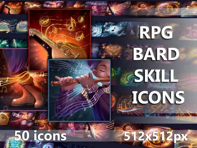 RPG Bard Skill Icons 2d art asset assets bard fantasy game game assets gamedev icon icone icons illustration indie indie game mmo mmorpg rpg skill skills
