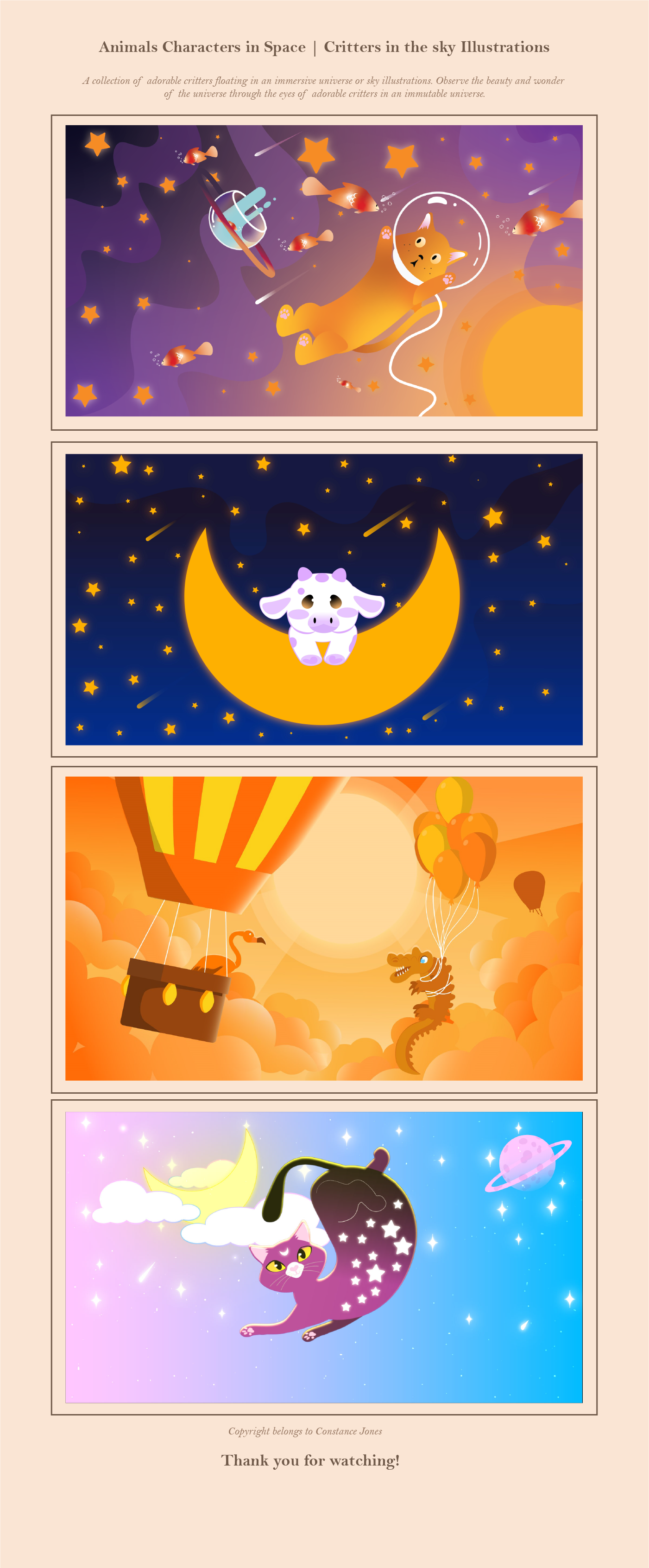 Cute Animals In Space | Illustrations adobe illustrator animals cartoon cat cow crocodile flamingo illustration illustrator sky space vector