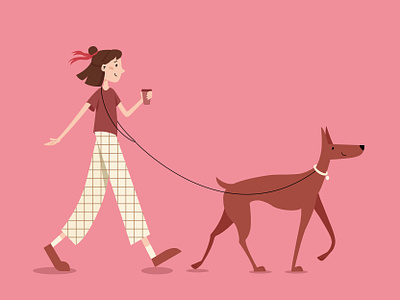 Walking dog character dog flat illustration girl illustration vector