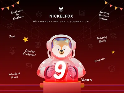 Nickelfox - Celebrating 9th Foundation day 9 art branding celebration color design exploration foundation day fox graphic design illustration logo minimal nickelfox ui vector