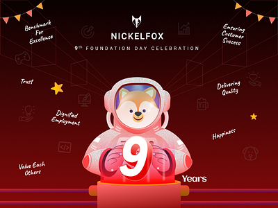 Nickelfox - Celebrating 9th Foundation day 9 art branding celebration color design exploration foundation day fox graphic design illustration logo minimal nickelfox ui vector