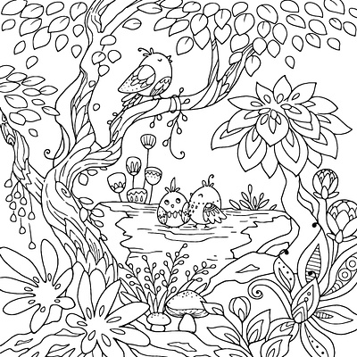 Coloring Forest with Birds adobe illustrator birds coloring forest graphics design image to vector lake print ready file vector tracing