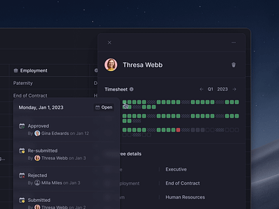 HR platform dark mode design branding components contextualmenues dark mode design system hr human resource human resources icons interface modal panel popover product design surface timeline timesheet ui ux web design