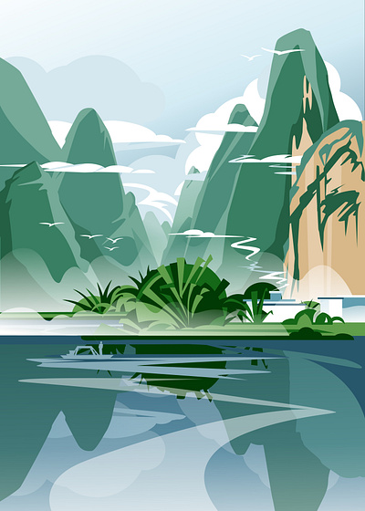Landscape of the Chinese Li River. asian bamboo boat china fog for sale hills illustration landscape mist mountain print quite reflection river silence traditional vector vector art water