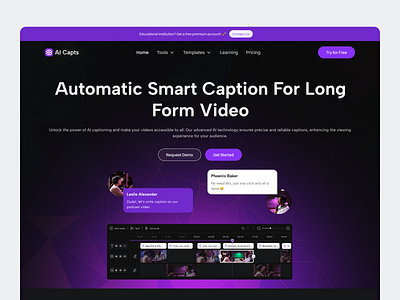 AI Capts - AI Caption Tittle Video ai artificial intelligence automatic black gpt hero landing page machine learning purple purple black section video