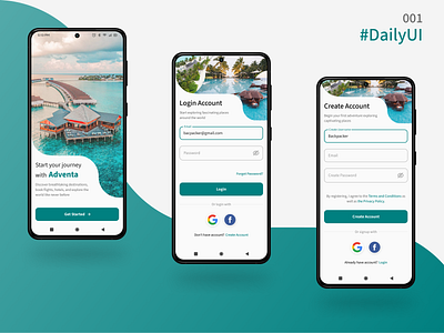 Daily UI 001 - Adventa Mobile Travel App UI UX (Login, Signup) app app design daily ui dailyui dailyuichallenge design login mobile mobile app mobile app design travel ui ui design ui ux uidesign uiux ux ux design uxdesign uxui