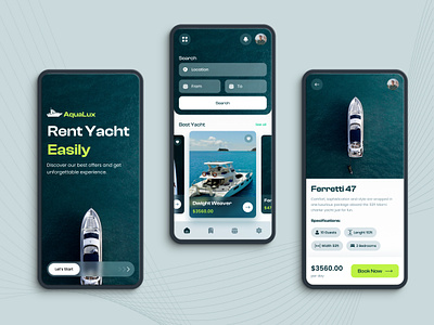 Aqualux - Rent Yacht Application app app ui application aqua boat book booking cruise design figma mobile app mobile ui online rent rent yacht sea ui ux yacht yacht app