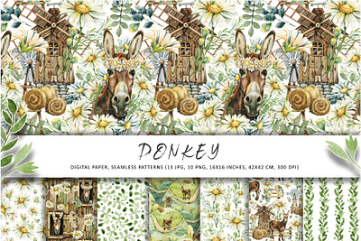 Donkey on a farm with chamomile flowers chamomile digital paper donkey farm flower hand drawn haystack illustration little horse nature pet scenery seamless pattern watercolor windmill букет клипарт