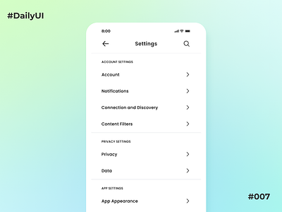 Settings - DailyUI Challenge #007 100daychallenge app appdesign dailyui dailyui007 dailyui7 dailyuichallenge design figma illustration logo mobile screen product design settings social media settings ui uidesign uiux user interface uxdesign