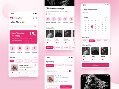 Appointment App app beauty booking branding calendar colorful design invite marketplace mobile app modern navigation pink review salon services trend ui ux voucher