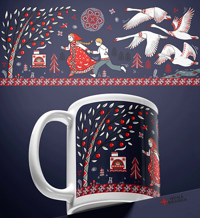 Illustration based on the fairy tale "Geese-swans". characters folklore ornament mezen painting ornament