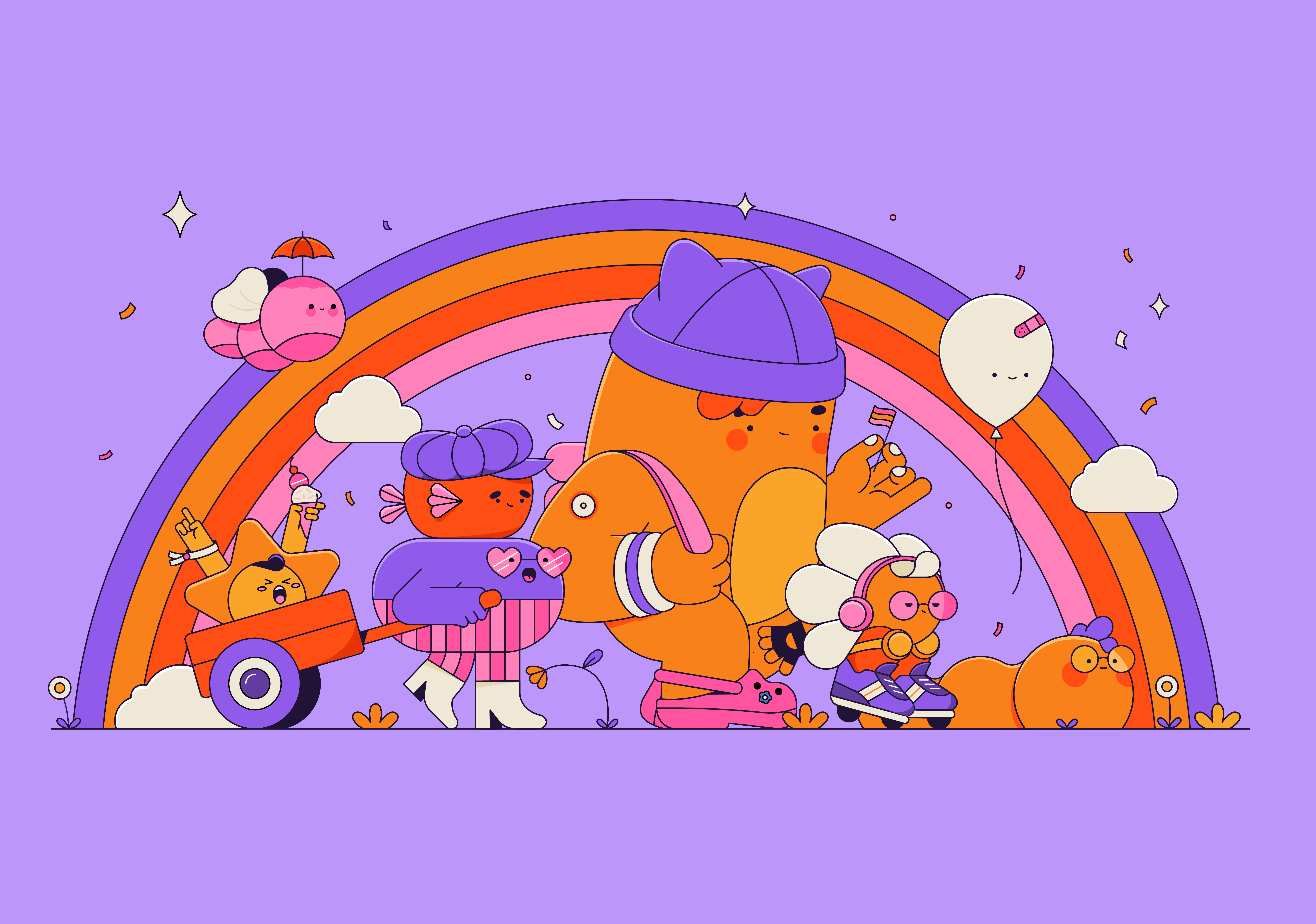 Pride balloon boots character character design cloud crocs design flowers graphic design hat illustration plants pride rainbow vector worm