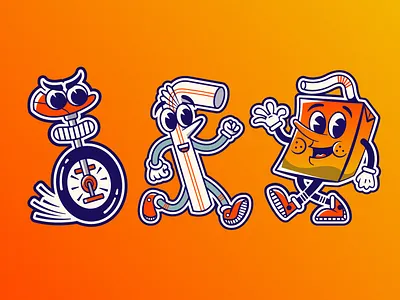 Juicebox & Friends athletic cartoon friends gradient illustration illustrator juicebox mascot red retro sneaker sports sticker straw stripes team team mascot unicycle vector yellow