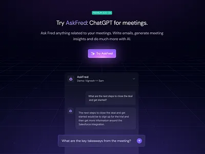 AskFred Banner: ChatGPT For Meetings add on ai ai summary chatgpt dark dm sans figma futuristic geometry gradient magic meeting meeting assistant purple ui ux website wedesign