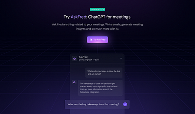 AskFred Banner: ChatGPT For Meetings add on ai ai summary chatgpt dark dm sans figma futuristic geometry gradient magic meeting meeting assistant purple ui ux website wedesign