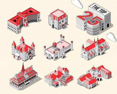 The Top 25 Largest Presidential Palaces building design illustration infographic isometric landmark line poster vector