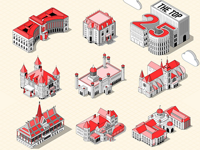 The Top 25 Largest Presidential Palaces building design illustration infographic isometric landmark line poster vector