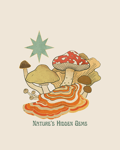 Nature's Hidden Gems 70s beige botanical design design illustration minimalist mushroom nature neutrals print psychadelic red wall art