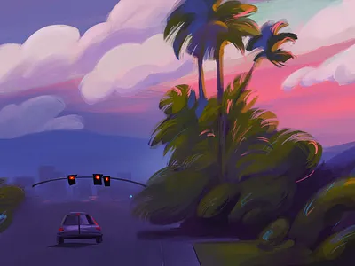 Quick sketch background design car clouds concept art game design graphic design illustration landscape design palm sunset