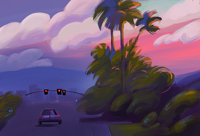Quick sketch background design car clouds concept art game design graphic design illustration landscape design palm sunset